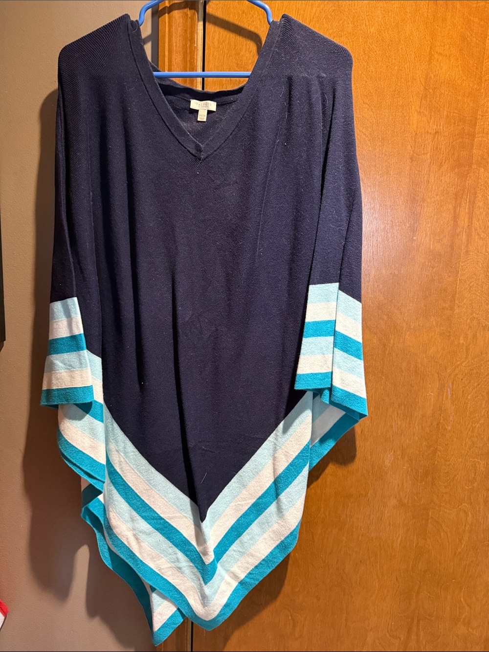 Talbots Navy Poncho with Turquoise and Cream Stripes